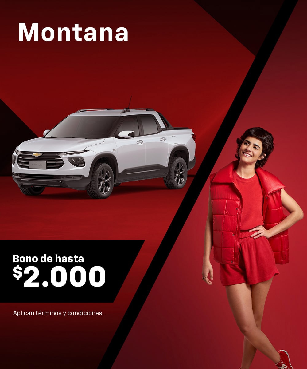 Chevrolet Montana blanca con fondo rojo y bono de hasta $2.000